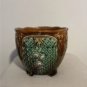 Antique Weller Style Floral Majolica Drip Glaze Pottery Planter Jardinier